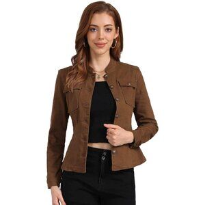Women's Casual Denim Jacket Classic Stand Collar Long Sleeve Jean Jacket Brown